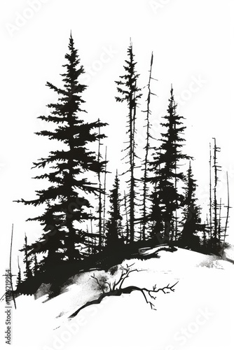 A black and white drawing of a forest with trees. The trees are tall and the sky is clear