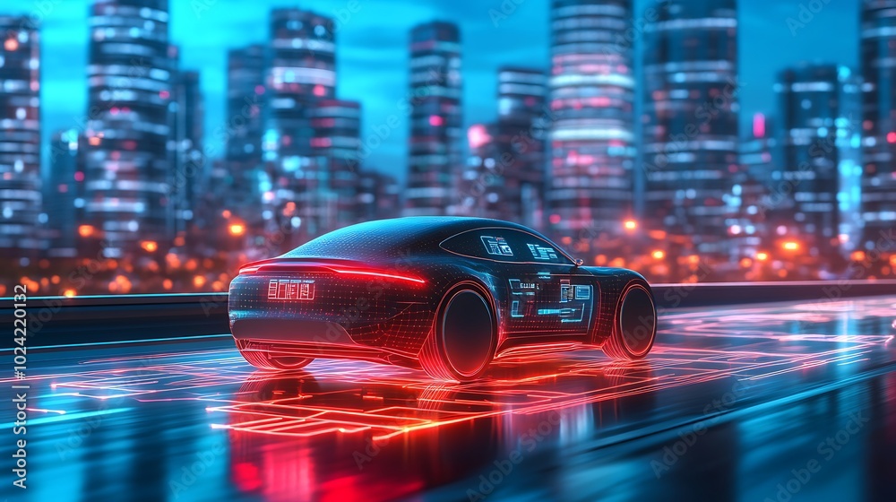 High-tech autonomous car driving on a smart highway, glowing holographic data icons showing navigation and vehicle status, vibrant city skyline glowing with neon lights, High-tech autonomous car driving on a smart highway, glowing holographic data icons showing navigation and vehicle status, vibrant city skyline glowing with neon lights,