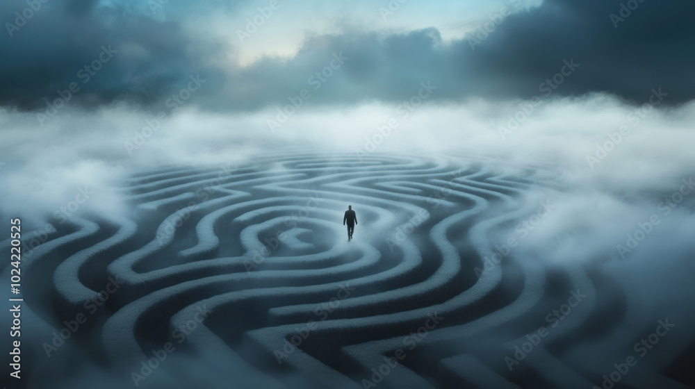lone figure walking through maze of swirling clouds and pathways, evoking sense of mystery and introspection. intricate design of maze adds to surreal atmosphere lone figure walking through maze of swirling clouds and pathways, evoking sense of mystery and introspection. intricate design of maze adds to surreal atmosphere