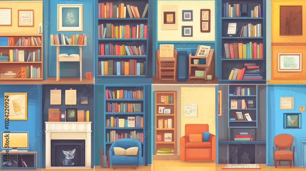 E-library for kids vector set, showcasing digital bookshelves and interactive reading experiences E-library for kids vector set, showcasing digital bookshelves and interactive reading experiences