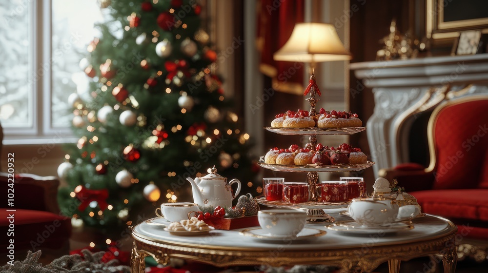 Cozy Christmas Tea Party in Elegant Living Room with Holiday Decorations and Festive Pastries Cozy Christmas Tea Party in Elegant Living Room with Holiday Decorations and Festive Pastries