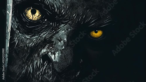 A close-up of a creature's yellow eye peering out from the darkness, hinting at something sinister