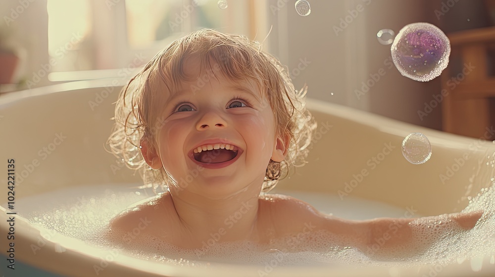 Joyful Child Playing with Bubbles in a Bathtub Joyful Child Playing with Bubbles in a Bathtub