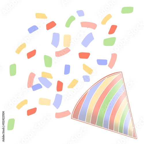 Colorful confetti and party hat illustration. Flat design graphic isolated on white background. Party and celebration concept for banner, greeting card, and invitation