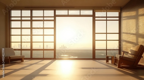 Modern interior with large windows showcasing a beautiful sunset view.