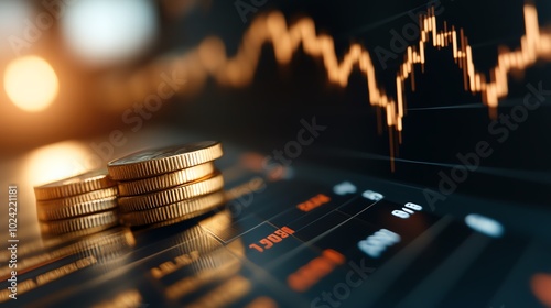 Coins on a financial chart, representing investment and trading concepts. photo