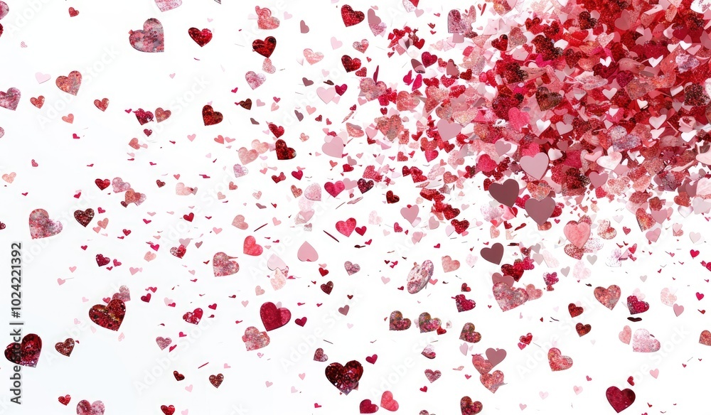 Falling red and pink confetti hearts on white background. Special Day frame banner with copy space, 3d rendering Falling red and pink confetti hearts on white background. Special Day frame banner with copy space, 3d rendering