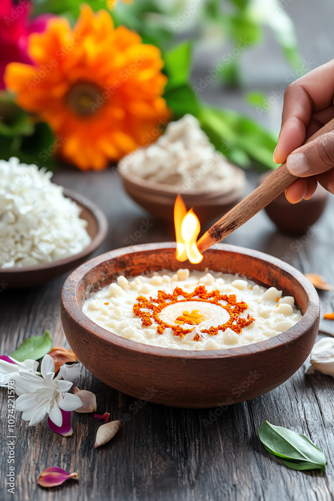 A top view of the sacred yantra symbolic diagram being drawn on the altar for invoking the blessings of the goddess A top view of the sacred yantra symbolic diagram being drawn on the altar for invoking the blessings of the goddess