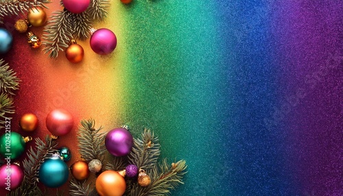 rainbow christmas background with space for text, top view