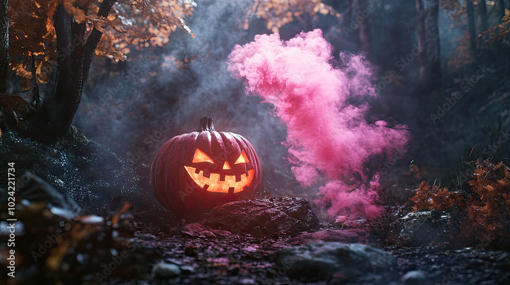 Naklejka premium A Halloween pumpkin with a carved face sits on a rock in a dark forest. A pink smoke bomb is emerging from the top of the pumpkin, creating a surreal and atmospheric scene.