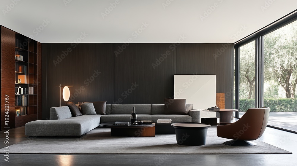 Obraz premium Modern living room with stylish furniture and large windows, bright and inviting space.