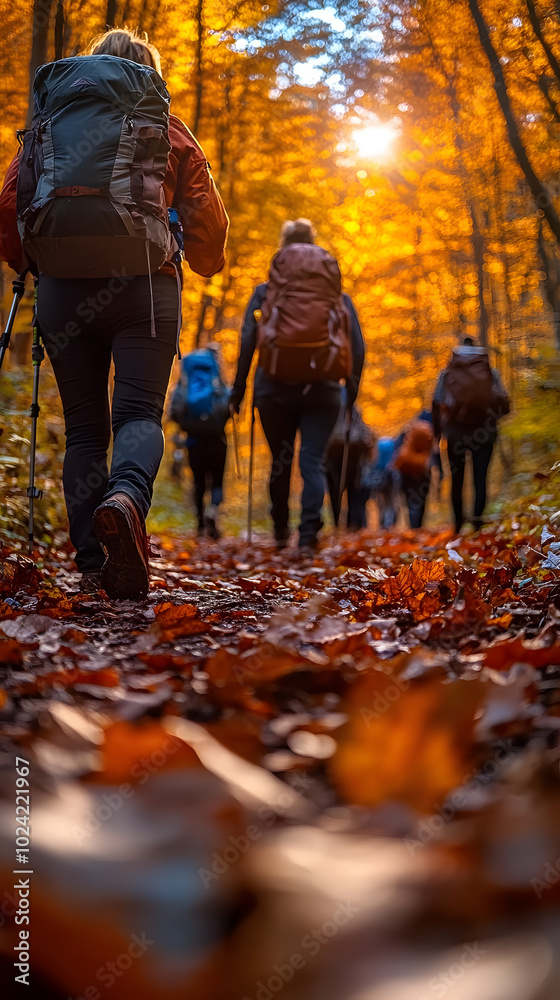 autumn forest path with group of hikers feet visible rich fall colors dappled sunlight and sense of adventure focus on camaraderie and outdoor exploration autumn forest path with group of hikers feet visible rich fall colors dappled sunlight and sense of adventure focus on camaraderie and outdoor exploration