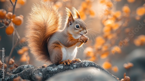 A cute squirrel with a bushy tail sits on a rock eating a nut, with a blurred background of autumn foliage.