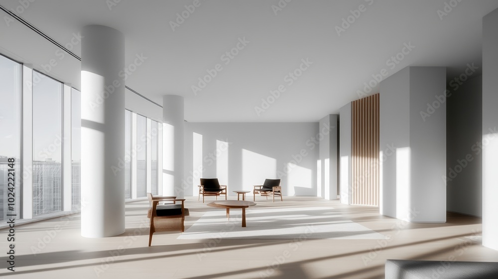 Fototapeta premium Spacious modern interior with large windows and stylish furniture, bright natural light.