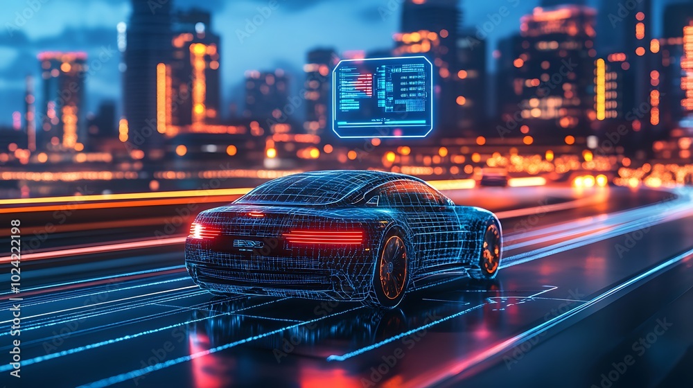 High-tech self-driving car on a smart highway, glowing holographic data icons floating above showing speed, navigation, and safety alerts, futuristic cityscape with neon lights, dynamic lighting, High-tech self-driving car on a smart highway, glowing holographic data icons floating above showing speed, navigation, and safety alerts, futuristic cityscape with neon lights, dynamic lighting,