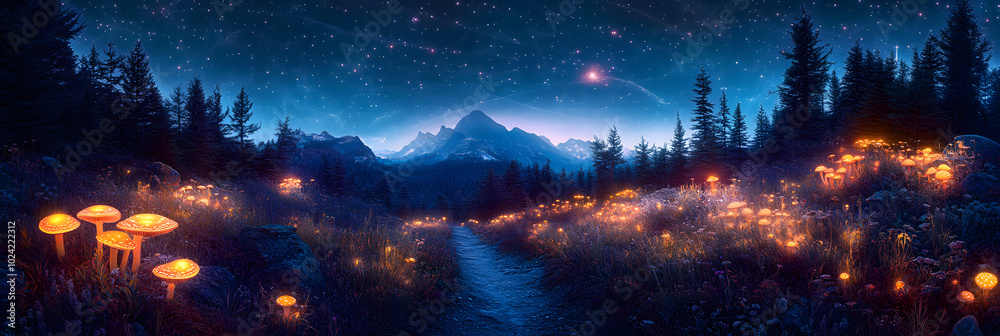 bioluminescent fairy tale forest under a starlit sky giant glowing mushrooms and ethereal floating wisps illuminate a path leading to a distant mystical mountain range bioluminescent fairy tale forest under a starlit sky giant glowing mushrooms and ethereal floating wisps illuminate a path leading to a distant mystical mountain range