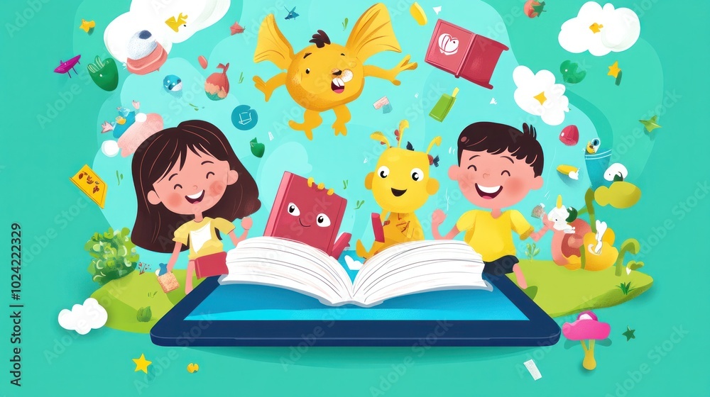 Fantasy characters from storybooks coming to life on a tablet, vector illustration with excited kids reading Fantasy characters from storybooks coming to life on a tablet, vector illustration with excited kids reading