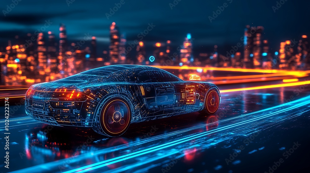High-tech self-driving car on a smart road, floating data icons showing speed, direction, and AI-controlled systems, futuristic city in the distance. Detailed lighting, ultra-sharp reflections, High-tech self-driving car on a smart road, floating data icons showing speed, direction, and AI-controlled systems, futuristic city in the distance. Detailed lighting, ultra-sharp reflections,