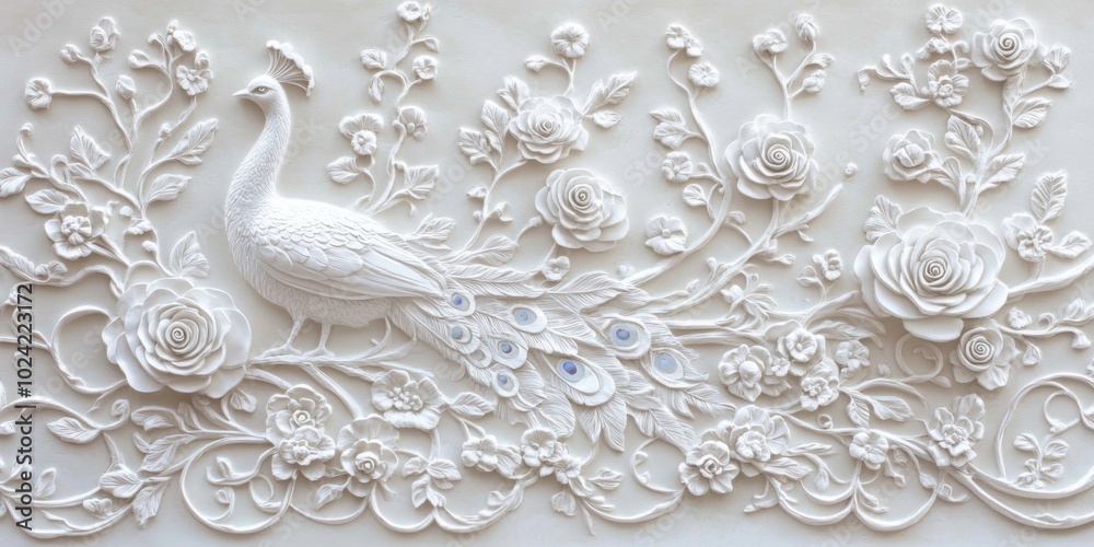 A fusion of nature and artistry in a beautiful wall-mounted sculpture featuring white relief elements. A fusion of nature and artistry in a beautiful wall-mounted sculpture featuring white relief elements.
