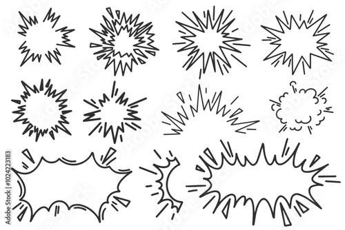 Cartoon comic burst with splashes. Bomb explosion effect frames. Vector pow effect with smoke and speed lines. Doodle action hand drawn bubbles and shapes