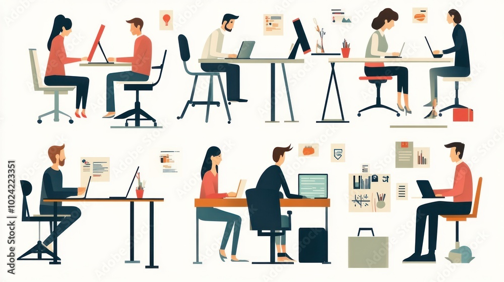 Flat design vector set of office staff, showing characters engaged in various tasks and digital projects Flat design vector set of office staff, showing characters engaged in various tasks and digital projects