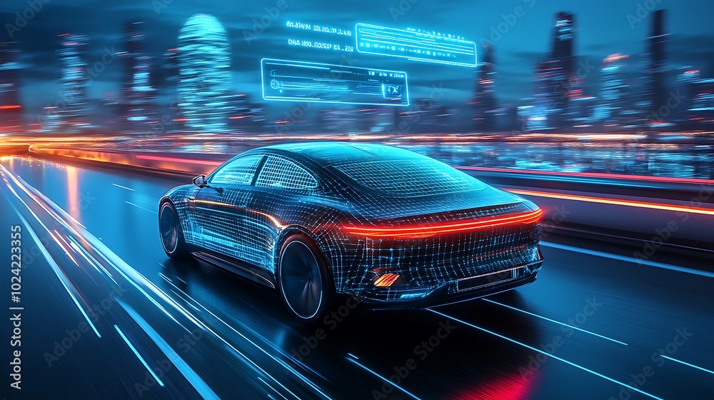 Naklejka premium Modern electric car driving on a futuristic highway, augmented reality data floating above showing speed, distance to other cars, and safety features, high-tech cityscape glowing in neon,