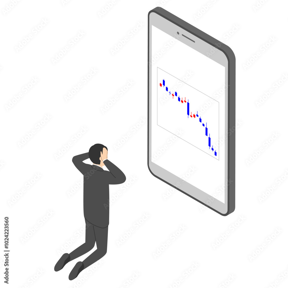 株価が下落して頭を抱えている会社員男性・アイソメトリック 株価が下落して頭を抱えている会社員男性・アイソメトリック