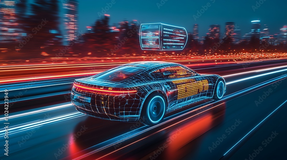 Naklejka premium Modern self-driving car on a sleek tech-enhanced highway, holographic data floating above showing navigation, speed, and safety features, advanced city glowing in neon lights, dynamic lighting,