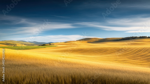 Golden wheat fields sway gently in wind under clear blue sky, creating serene and picturesque landscape. rolling hills and vibrant colors evoke sense of tranquility and natural beauty