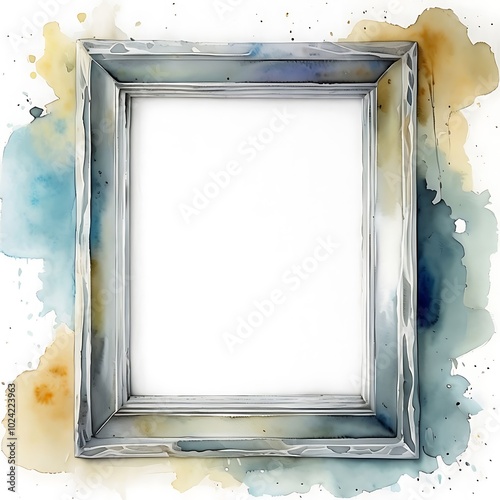 Elegant empty picture frame with colorful watercolor splash background photo