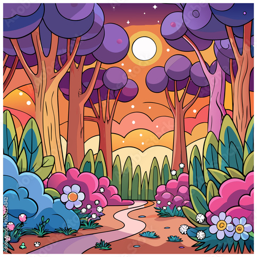 illustration of sunset with magical forest vector