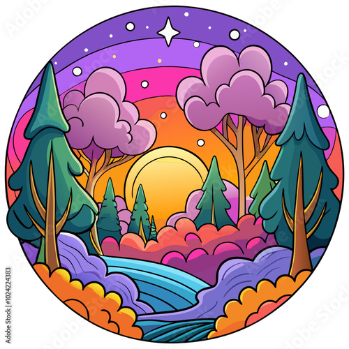 illustration of sunset with magical forest vector