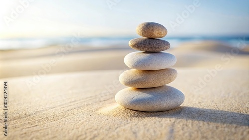 Tranquil zen-like arrangement of asymmetrical balanced stones on white sand in isolated nature