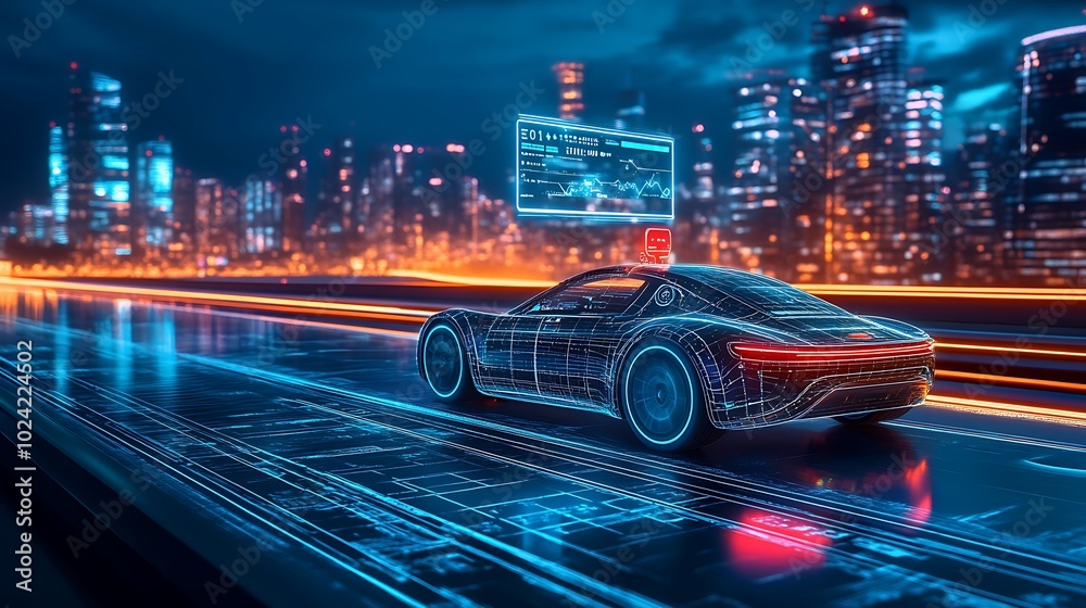Modern self-driving car with a digital interface floating above, showing real-time data of speed and vehicle health, futuristic highway with LED-lit patterns, advanced cityscape in the background, Modern self-driving car with a digital interface floating above, showing real-time data of speed and vehicle health, futuristic highway with LED-lit patterns, advanced cityscape in the background,