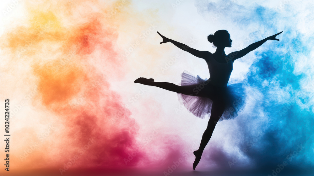 silhouette of dancer mid spin surrounded by colorful smoke, showcasing grace and elegance. vibrant hues create dynamic backdrop for performance silhouette of dancer mid spin surrounded by colorful smoke, showcasing grace and elegance. vibrant hues create dynamic backdrop for performance