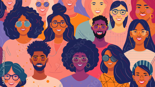 A diverse group of people from various ethnic backgrounds smiling and interacting.