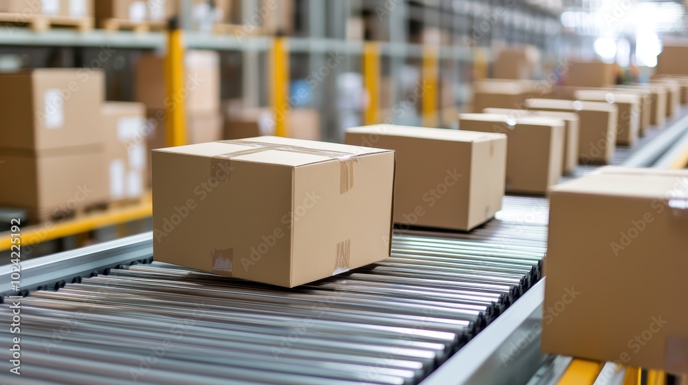 Closeup of multiple cardboard box packages seamlessly moving along a conveyor belt in a warehouse fulfillment center, a snapshot of e-commerce, delivery, automation and products. Closeup of multiple cardboard box packages seamlessly moving along a conveyor belt in a warehouse fulfillment center, a snapshot of e-commerce, delivery, automation and products.