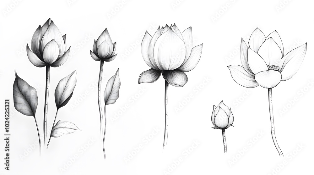 Obraz premium A Pen and Ink Illustration of Lotus Flowers and Buds