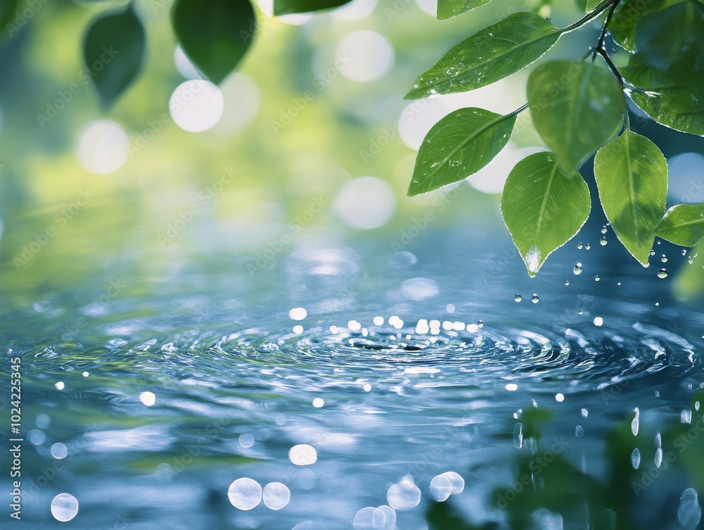 2408 41.A mesmerizing scene featuring delicate water drops resting on the surface of a tranquil water body, surrounded by vibrant green leaves. The droplets reflect the light, creating tiny prisms 2408 41.A mesmerizing scene featuring delicate water drops resting on the surface of a tranquil water body, surrounded by vibrant green leaves. The droplets reflect the light, creating tiny prisms