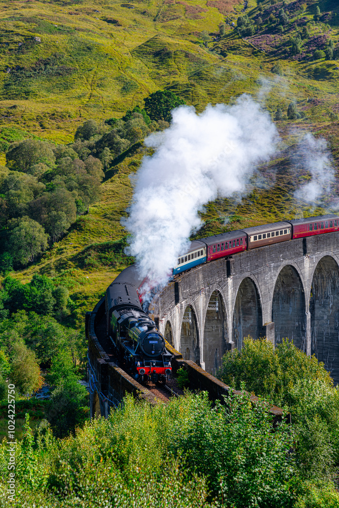 Naklejka premium The Jacobite steam train on Glenfinnan viaduct in North West Highlands, Scotland, UK.