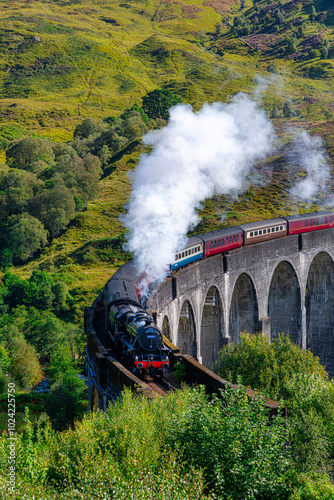 The Jacobite steam train on Glenfinnan viaduct in North West Highlands, Scotland, UK.