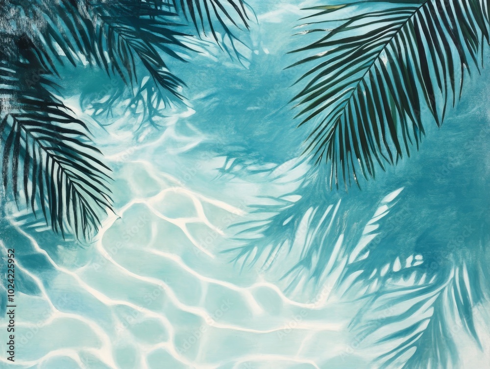 2408 54.A tranquil scene showcasing a clear blue water surface from above, where soft ripples create a rhythmic texture. The shadows of palm leaves gracefully overlay the water, enhancing the 2408 54.A tranquil scene showcasing a clear blue water surface from above, where soft ripples create a rhythmic texture. The shadows of palm leaves gracefully overlay the water, enhancing the
