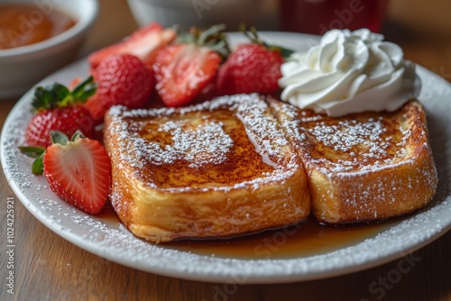 french toast on a white plate with powder sugar, syrup and stawberries photo