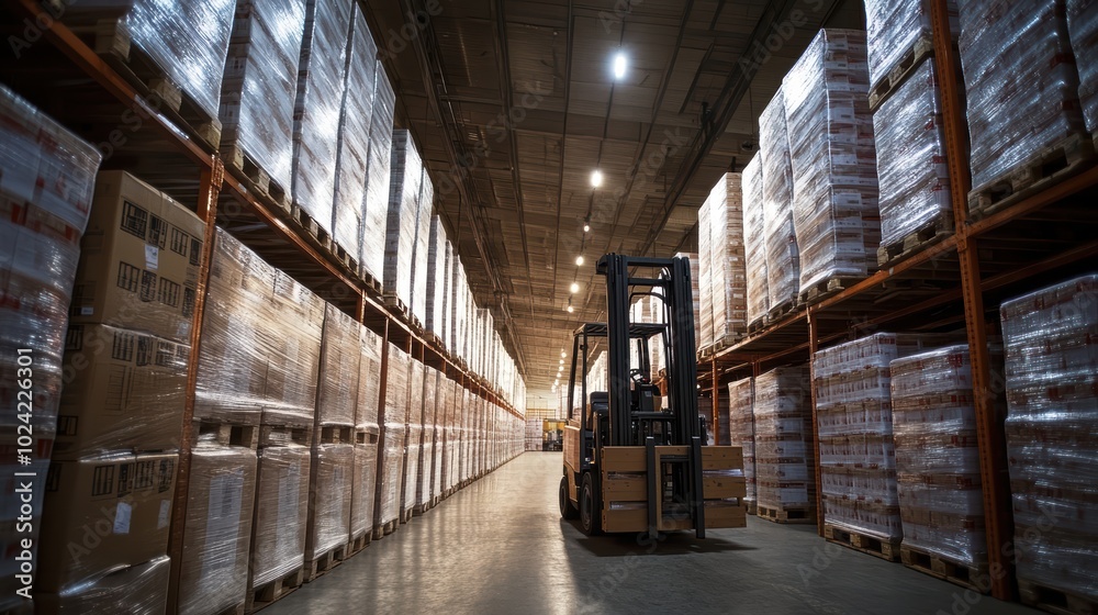 Forklift lifting product pallets in large warehouse. Forklift lifting product pallets in large warehouse.