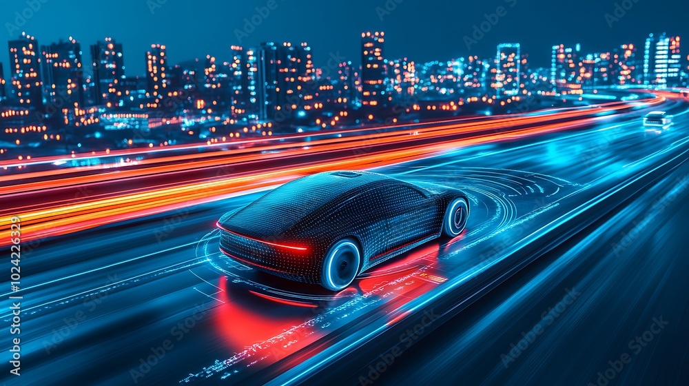 Self-driving car on a futuristic highway, digital overlays floating around showing speed, navigation, and safety data, advanced AI technology, smart city backdrop illuminated with vibrant lights, Self-driving car on a futuristic highway, digital overlays floating around showing speed, navigation, and safety data, advanced AI technology, smart city backdrop illuminated with vibrant lights,