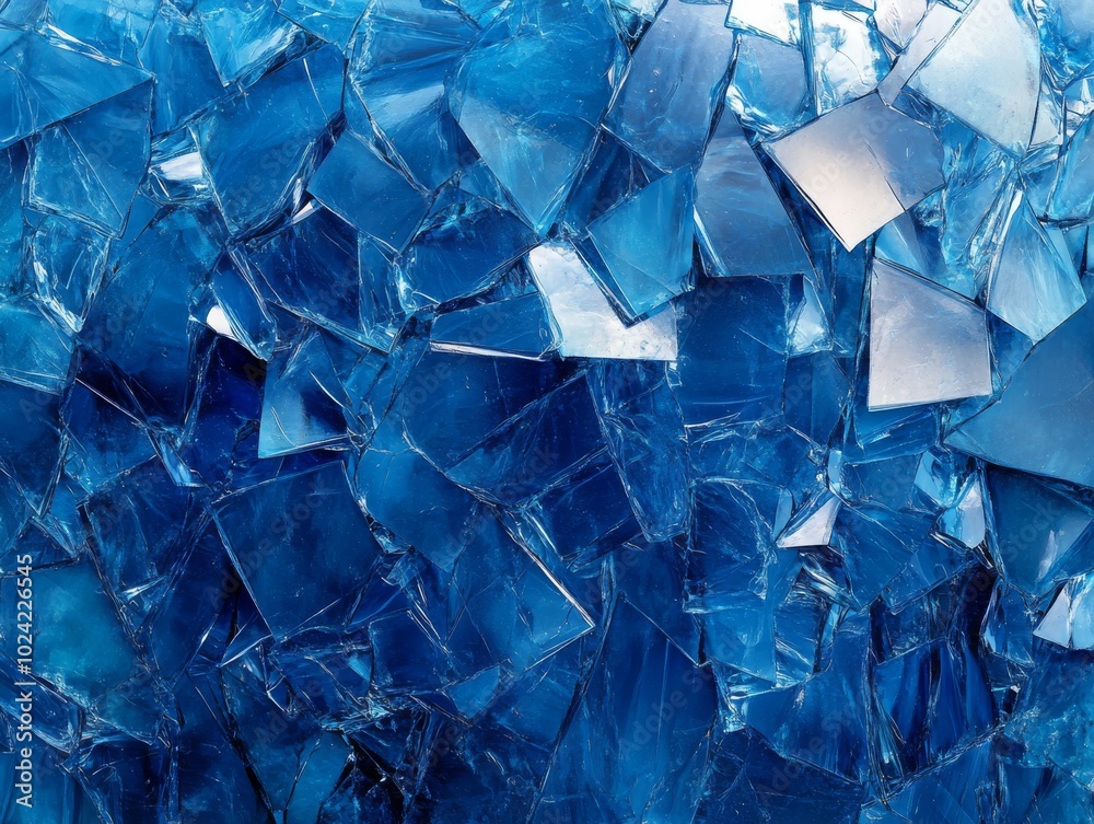 2408 67.An abstract composition featuring a processed collage of shattered blue glass, each piece glinting under the light. The jagged edges and different shades of blue create a dynamic texture,