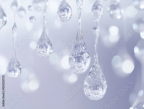 2408 71.An intricate 3D rendering of crystal-clear water drips, highlighting the essence of a premium skincare line. The droplets, perfectly formed, are surrounded by soft bubbles that suggest