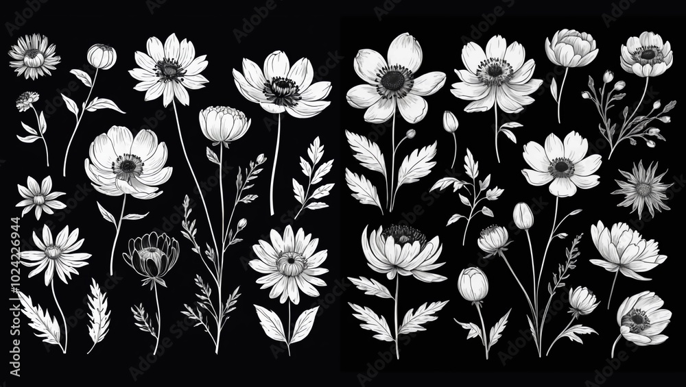 Set of hand drawn spring flowers. Black brush flower silhouette. Ink drawing wild plants, herbs or flowers, monochrome botanical illustration. Anemone, peony, chrysanthemum isolated cliparts Set of hand drawn spring flowers. Black brush flower silhouette. Ink drawing wild plants, herbs or flowers, monochrome botanical illustration. Anemone, peony, chrysanthemum isolated cliparts