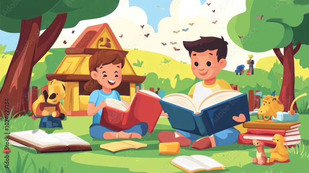 Interactive reading experience with kids, vector illustration featuring digital books and storybook scenes Interactive reading experience with kids, vector illustration featuring digital books and storybook scenes