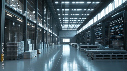 High-tech warehouse with a high level of electronics, equipped to store and sort goods